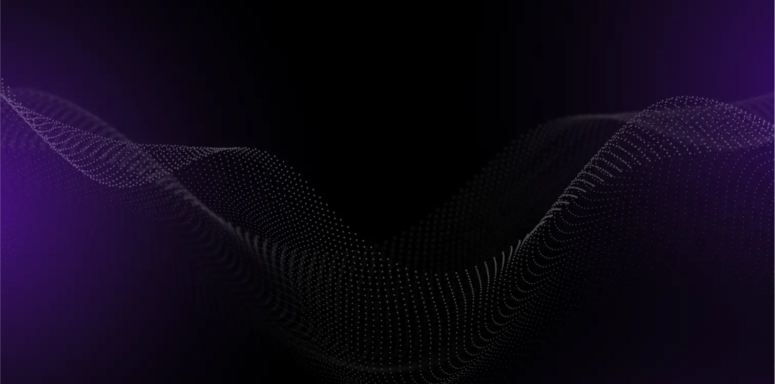 A dark background with a flowing wave of small, glowing white dots, forming an abstract, undulating pattern with soft purple highlights on the edges.