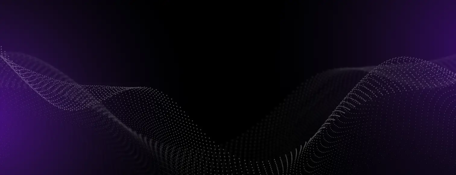 A digital abstract image showing a wave-like pattern of small white dots on a dark background, creating a sense of depth and movement, with subtle purple gradients on the sides.