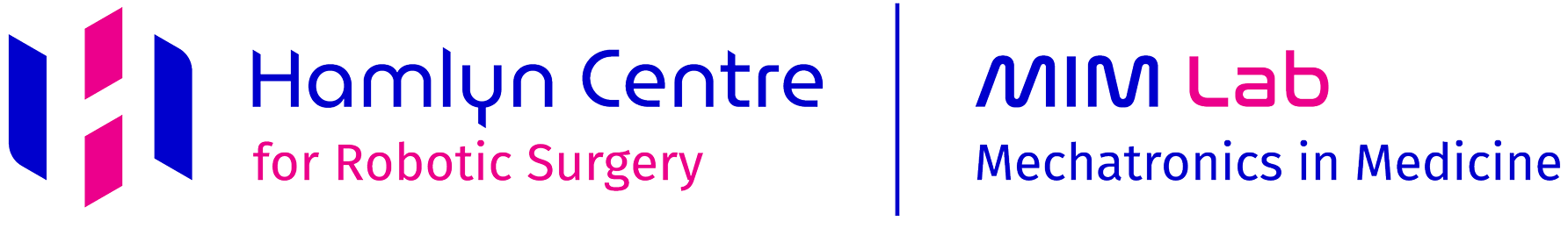 Logo with text: Hamlyn Centre for Robotic Surgery and MIM Lab Mechatronics in Medicine. The design features blue and pink colors, geometric shapes, and highlights innovation in optical tracking systems.