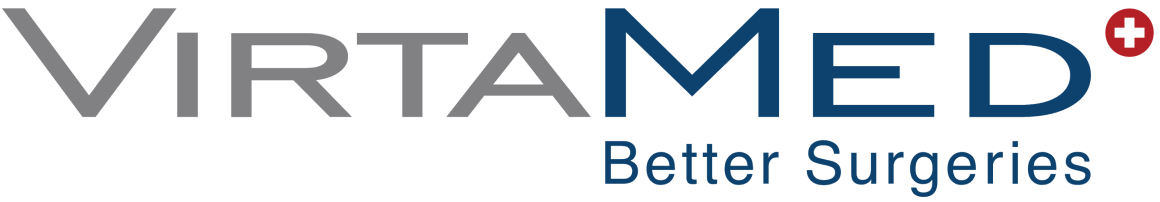 Logo with the text VirtaMed in large font, where VIRTA is gray and MED is dark blue. A red circle with a white cross sits above the D. Below, in blue, it reads Better Surgeries—highlighting expertise in optical tracking systems.