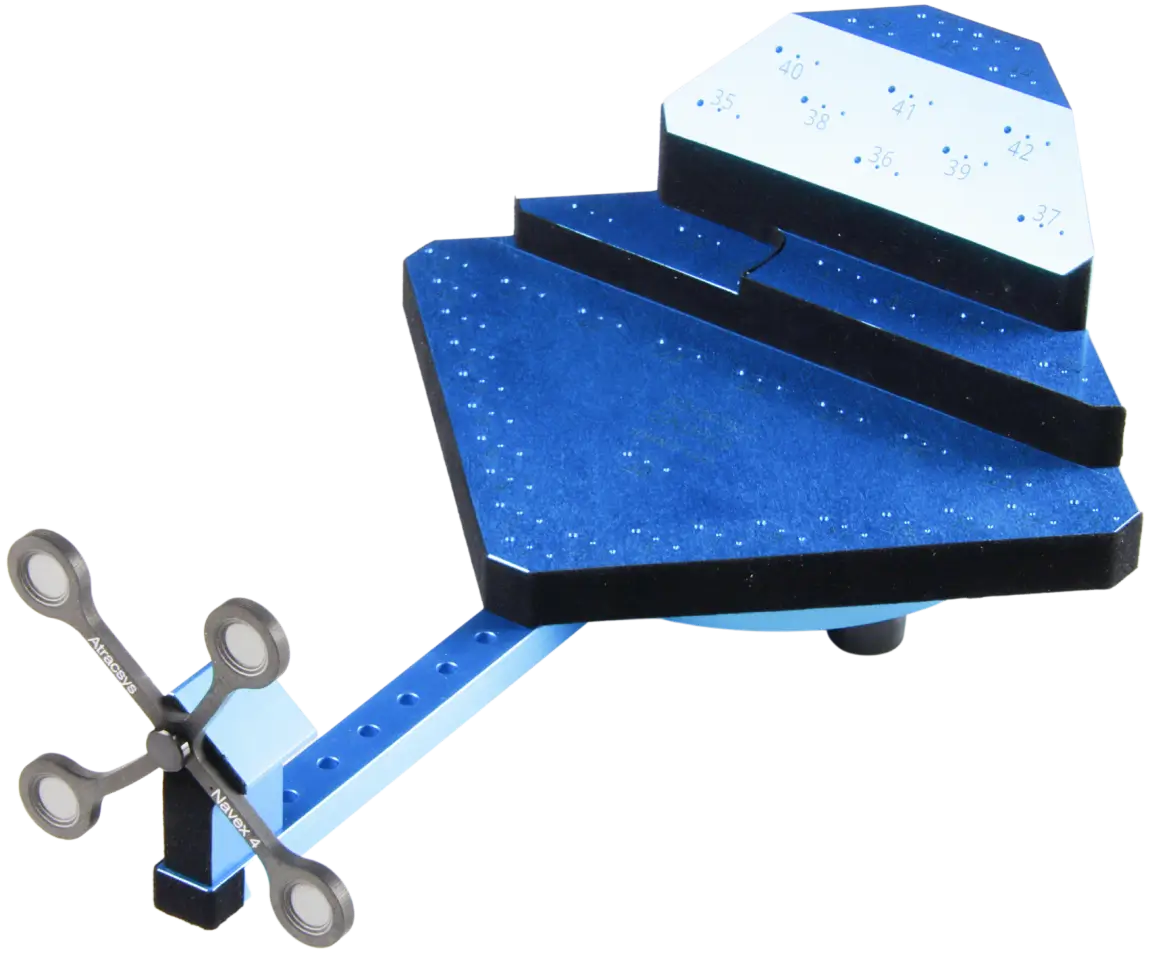 A blue, multi-level platform structure with stairs and small holes, attached to a metal arm featuring three circular fidget-spinner-like wheels at the end.