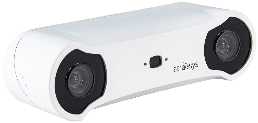 A white, rectangular device with rounded edges featuring two camera lenses on either end and the atracsys logo printed in the center.