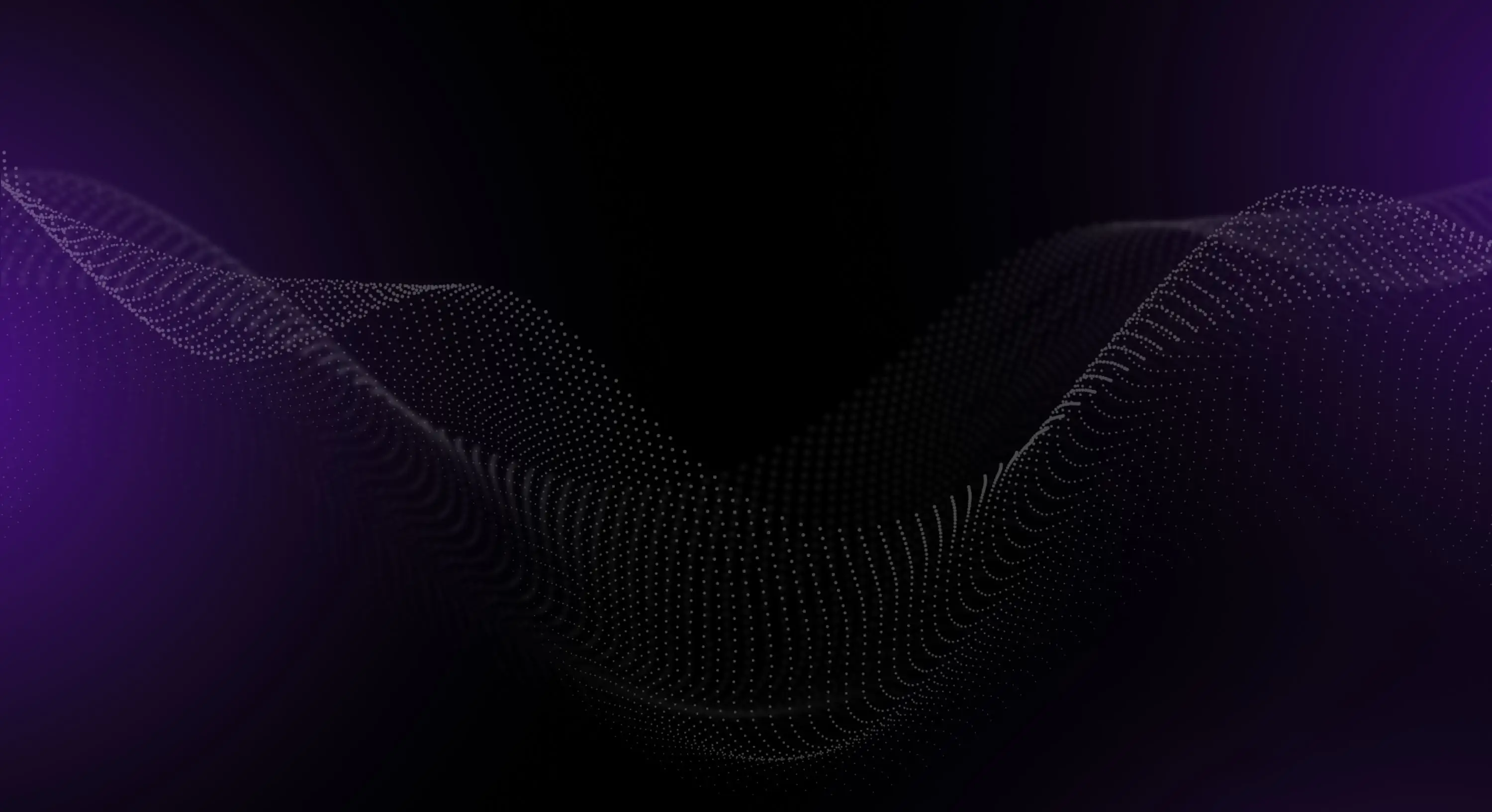 A wave-like pattern made of small glowing dots forms a flowing, abstract shape on a dark background with faint purple gradients at the edges.