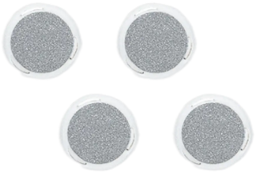 Four round, flat fiducials with white rims and gray, textured centers are evenly spaced in a square arrangement on a white background, ideal for tracking applications.