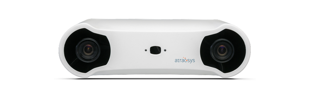 A white, rectangular device with two large camera lenses on each end and the arcadysys logo in the center. This specialized sensor offers a balanced tracking solution for precise stereo camera applications.