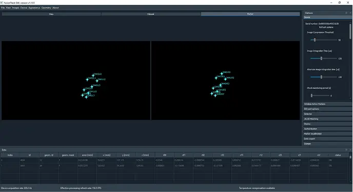 Screenshot of a computer program displaying two side-by-side panels with star-like points labeled numerically, adjustment sliders and settings on the right, and a data table with columns and numerical values at the bottom.