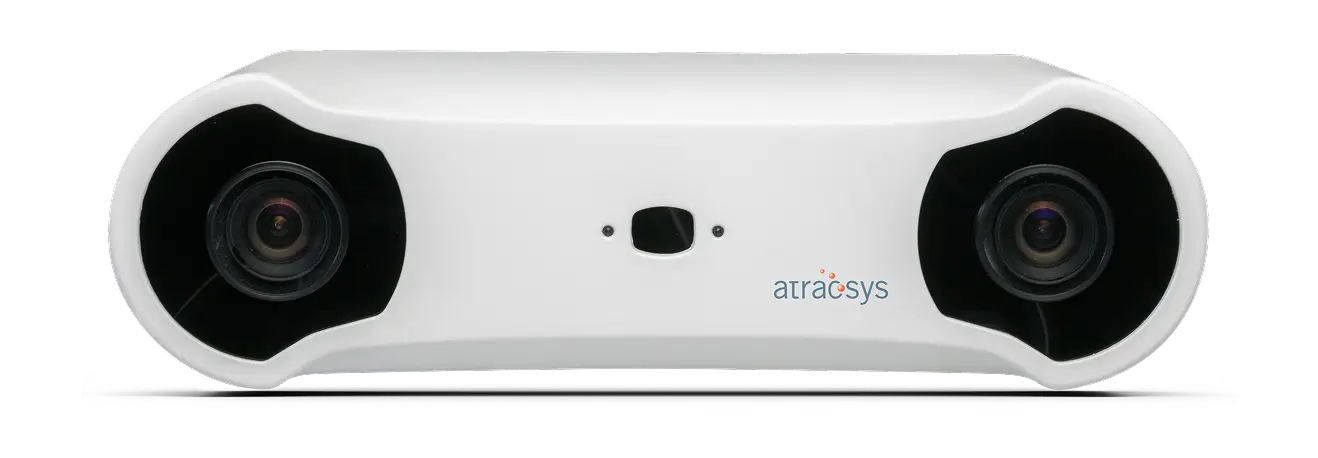 A white, rectangular device with two round camera lenses on each end and the atracsys logo on the front, designed as a balanced tracking solution for 3D tracking or motion capture.