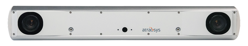 A rectangular silver motion capture sensor device featuring two camera lenses at each end and the atraxsys logo in the center, designed for low latency tracking.