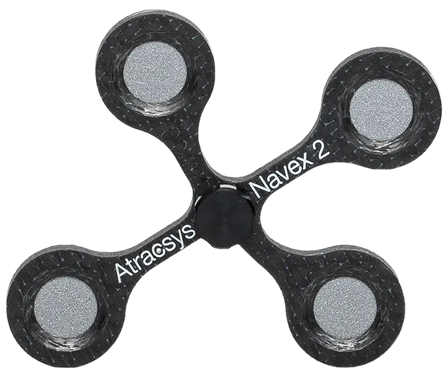 A black, four-armed fidget spinner labeled Atracsys Navex 2 with circular silver weights at each end, designed for flat fiducials tracking, shown on a plain background.