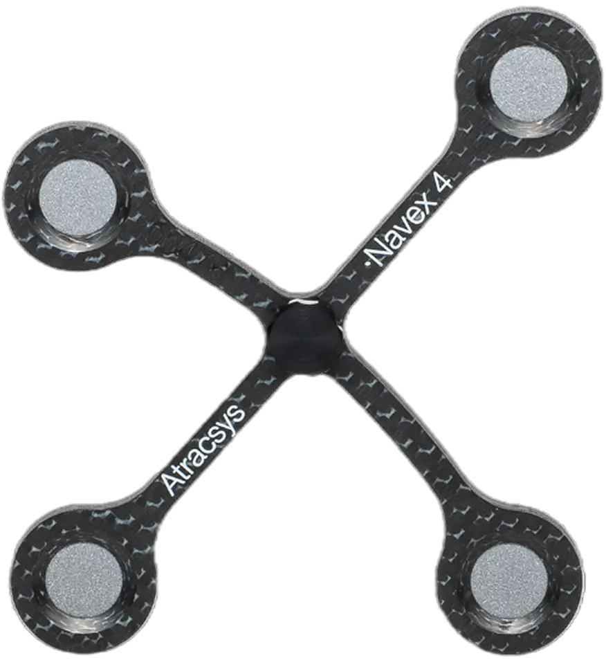 A black, X-shaped motion capture marker tool called Navex 4 by Atracsys, with flat fiducials tracking and four round reflective markers at each end, plus the brand name printed on one arm.