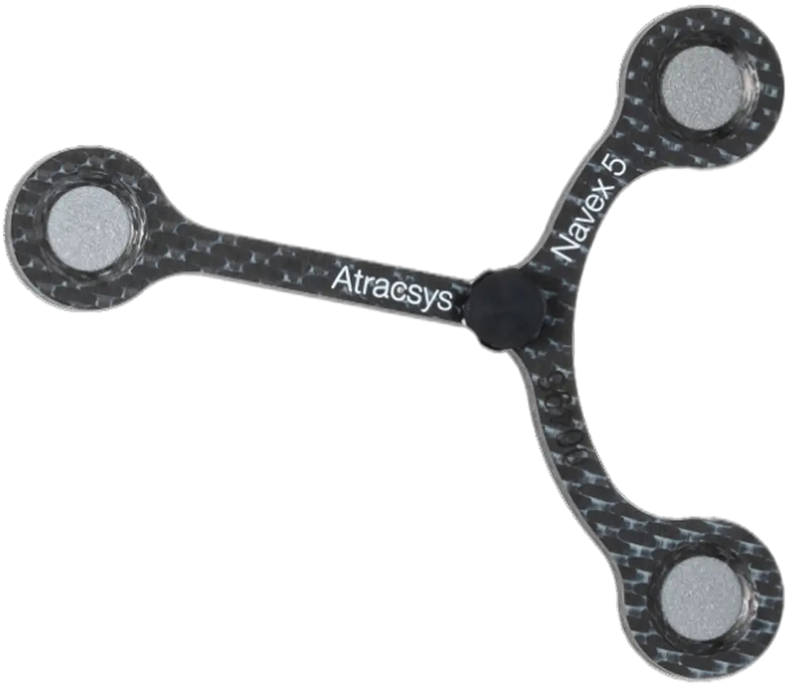 A black, three-armed medical tracking marker with flat fiducials and round silver sensors at each end, labeled Atracsys and Navex 5 on the arms.