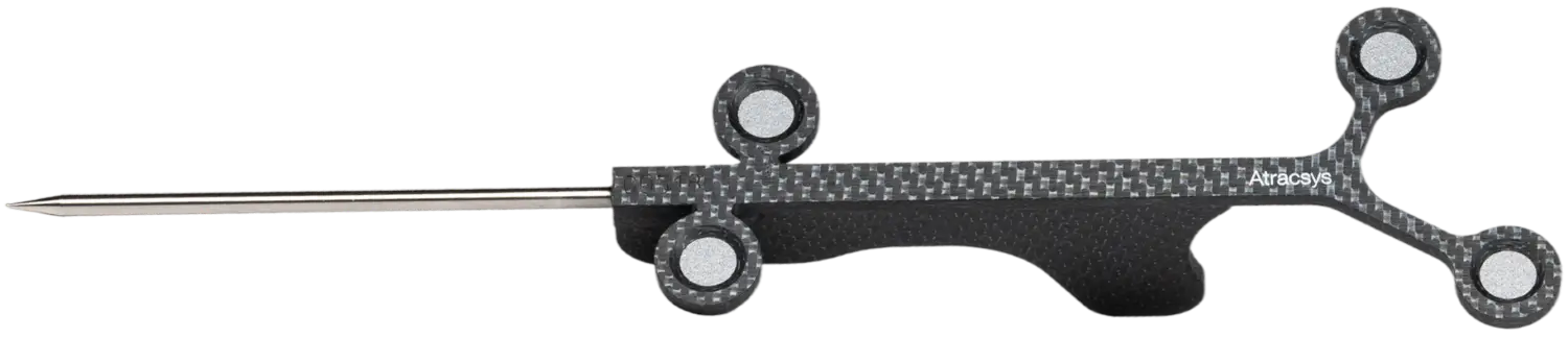 A precision surgical instrument with a textured handle, three adjustment knobs, and a long, pointed metal shaft labeled Arcasys—ideal for flat fiducials tracking during delicate procedures.