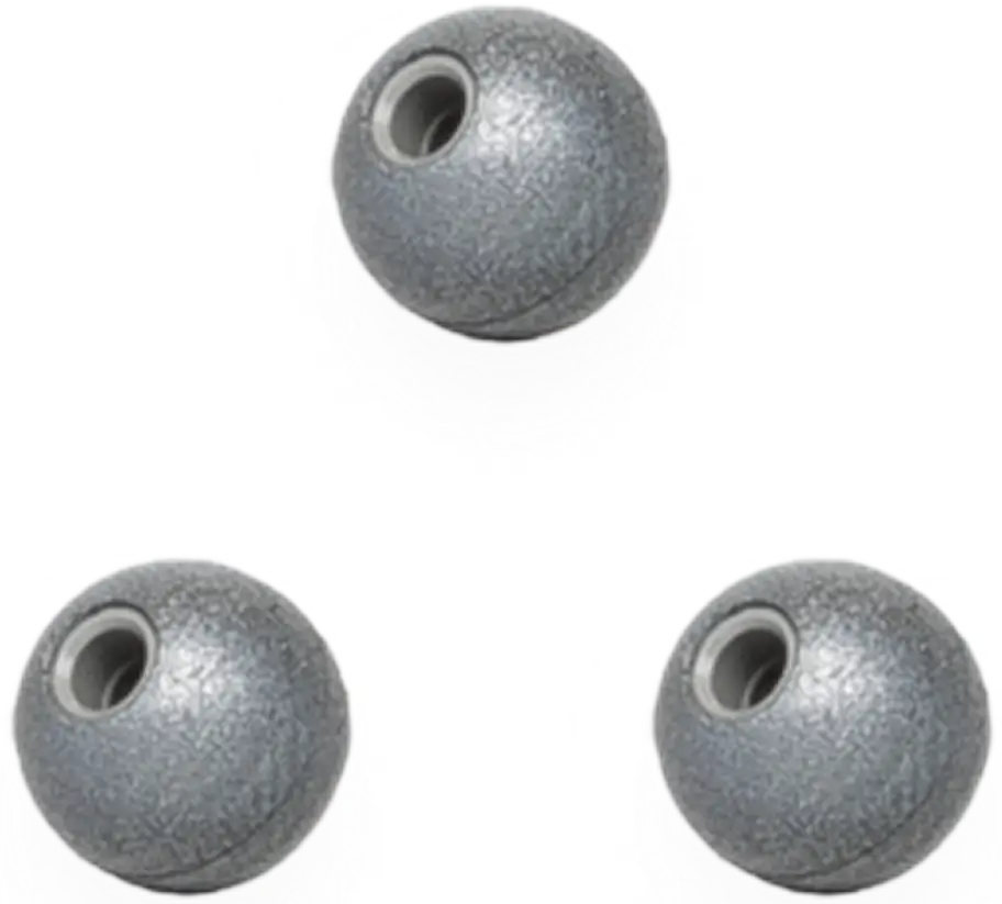 Three round, metallic gray spherical fiducials with holes through the center are arranged in a triangular formation on a white background.