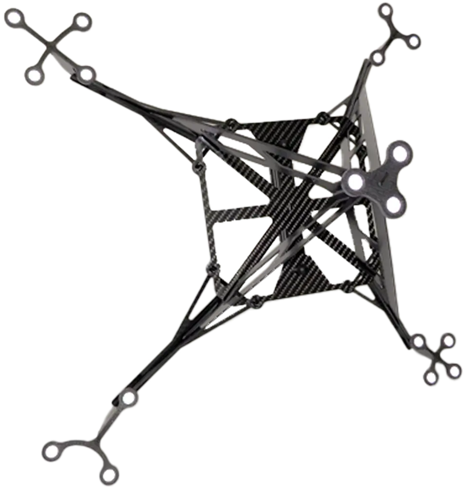 Top view of a black carbon fiber drone frame with four extended arms, each ending in circular motor mounts, arranged in an X-shape. The central body features triangular structural elements.