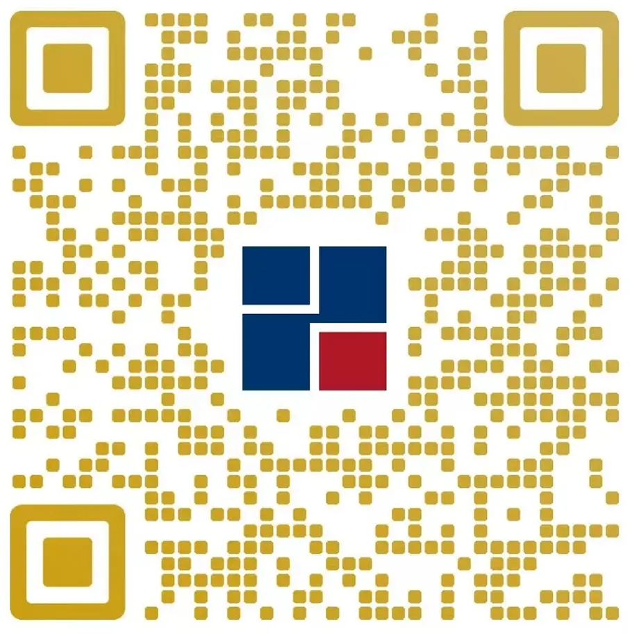 A gold and white QR code with rounded corner markers showcases a central logo of four squares—three blue, one red—in a grid. Ideal for optical tracking distributors, this design combines striking visuals with seamless functionality.