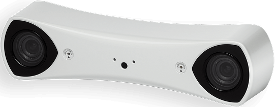 A white, curved stereo camera device with two large lenses on each end and a small central sensor. This ultra-compact tracker appears to be designed for depth sensing or 3D imaging.