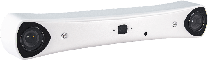 A white, curved, rectangular electronic device with two large black circular lenses at each end and small sensors and buttons in the center, designed for precise 3D reconstruction tracking.
