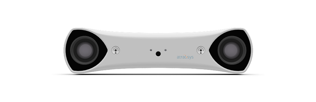 A white, curved ultra-compact tracker with two large circular lenses on each end and a small central sensor, displaying the arraysys logo on the front.