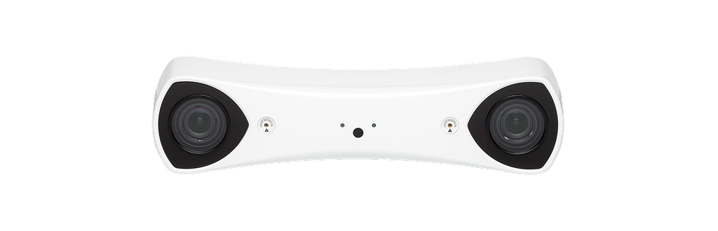 A white, curved, rectangular ultra-compact tracker camera device with two large lenses on each end and small circular sensors in the center.