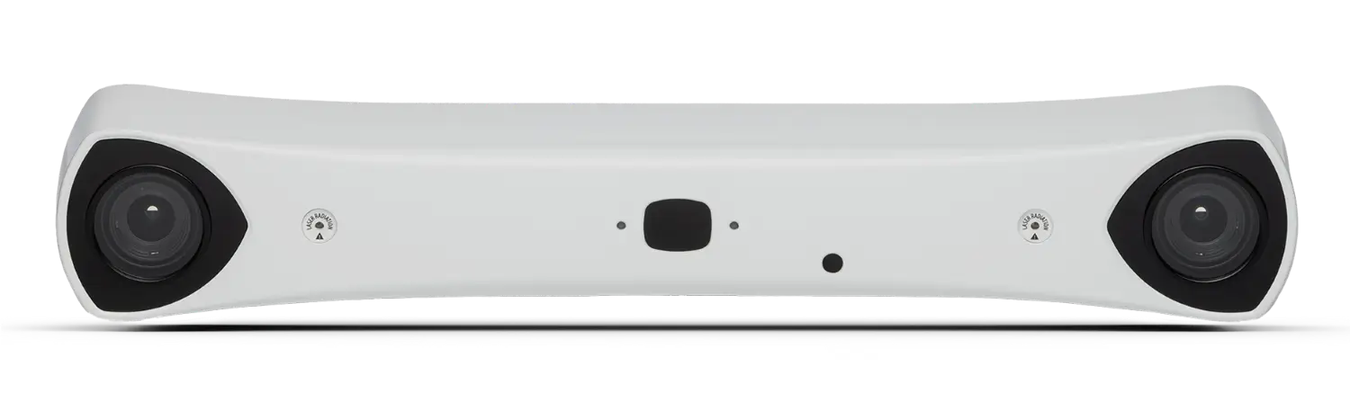 A white, rectangular electronic device with two round black cameras on each end, designed for precise 3D reconstruction tracking, and featuring small circular sensors and buttons along the center.