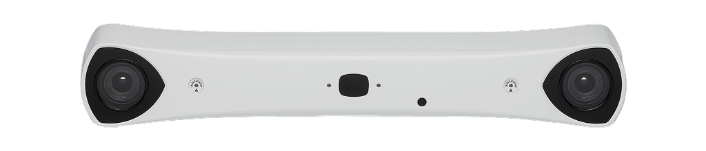 A white, rectangular dual-lens camera device with rounded corners designed for 3D reconstruction tracking. Each lens is positioned at opposite ends, with several small sensors and ports in the center section.