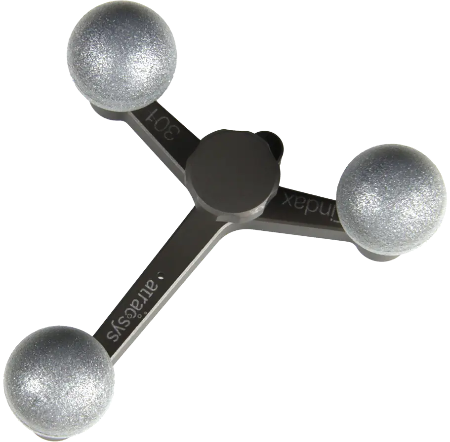 A metallic wind sensor with three horizontal arms, each ending in silver, textured spherical fiducials. The device is used to measure wind speed.