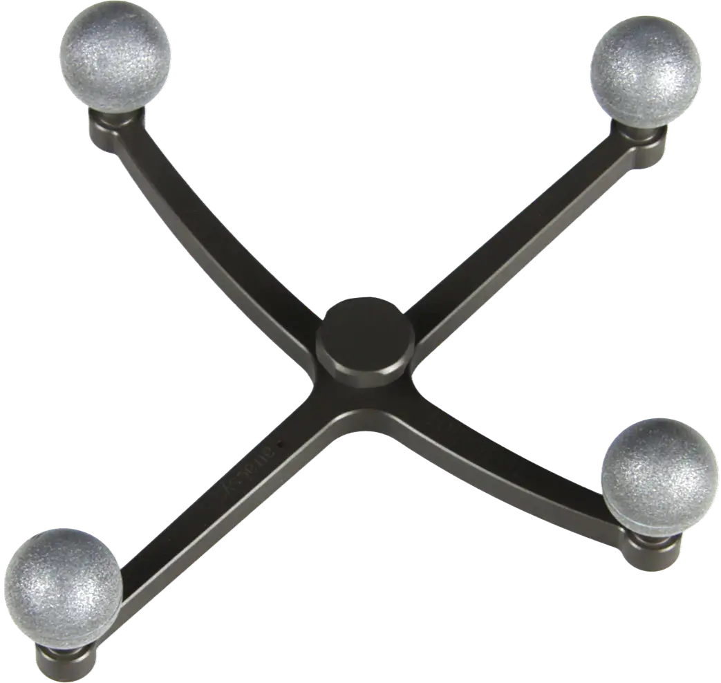 A black, X-shaped base with four silver spherical fiducials at the ends, designed for supporting and allowing movement of an office chair.