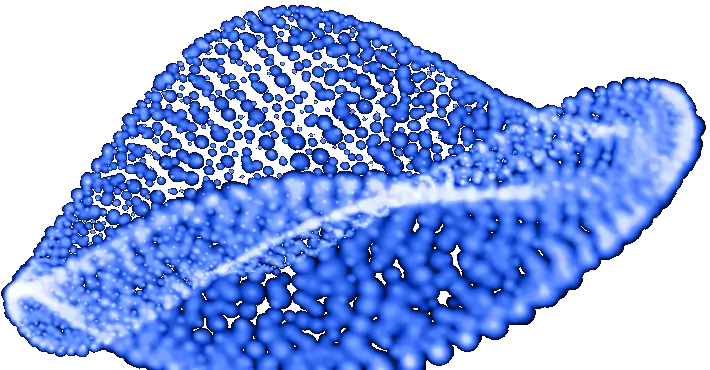 A swirling, wave-like formation of glowing blue dots on a black background, resembling spherical fiducials in a digital or abstract 3D energy field.